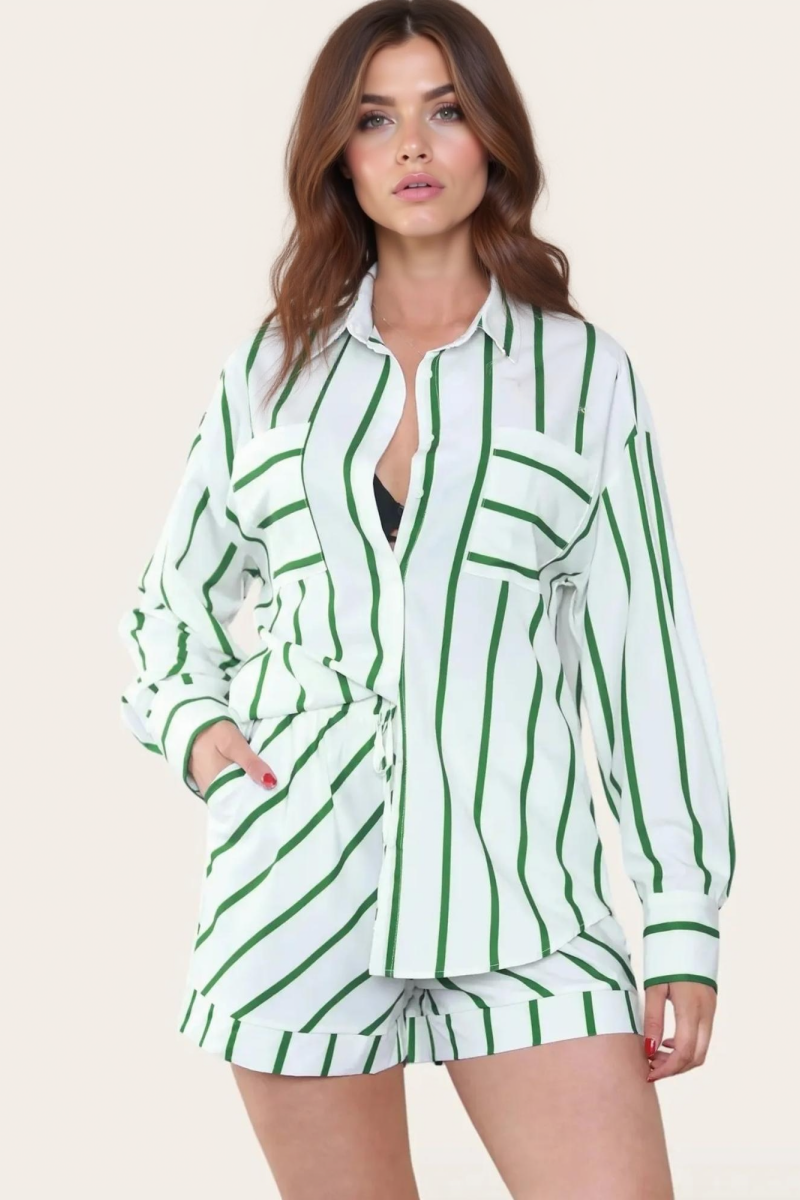 KATCH ME Womens Stripe Button Blouse High Waist Pocket Shorts Set