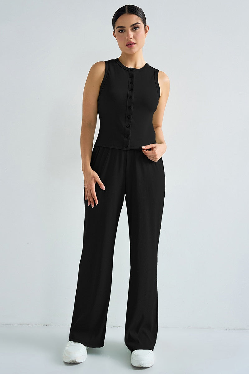 KATCH ME Womens Round Neck Button Tank Top Wide Leg Trousers Set