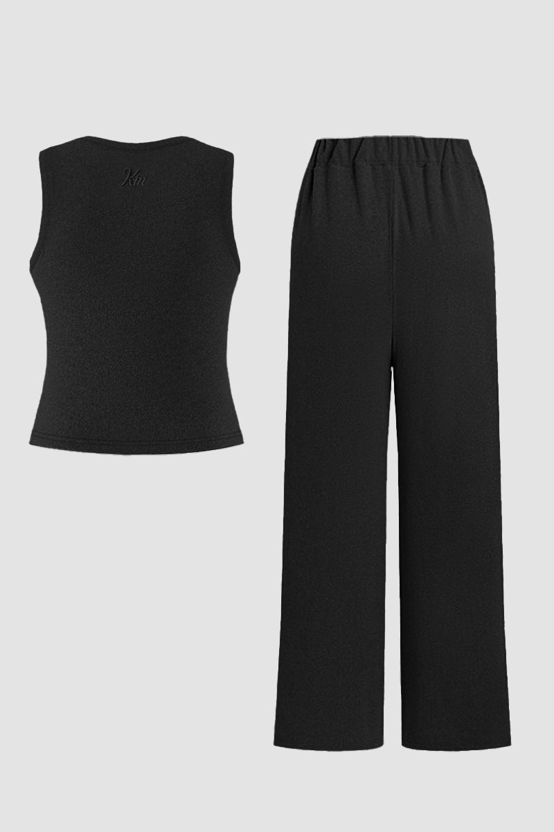 KATCH ME Womens Shelf Bra Tank Top Ribbed Wide Leg Trousers Set