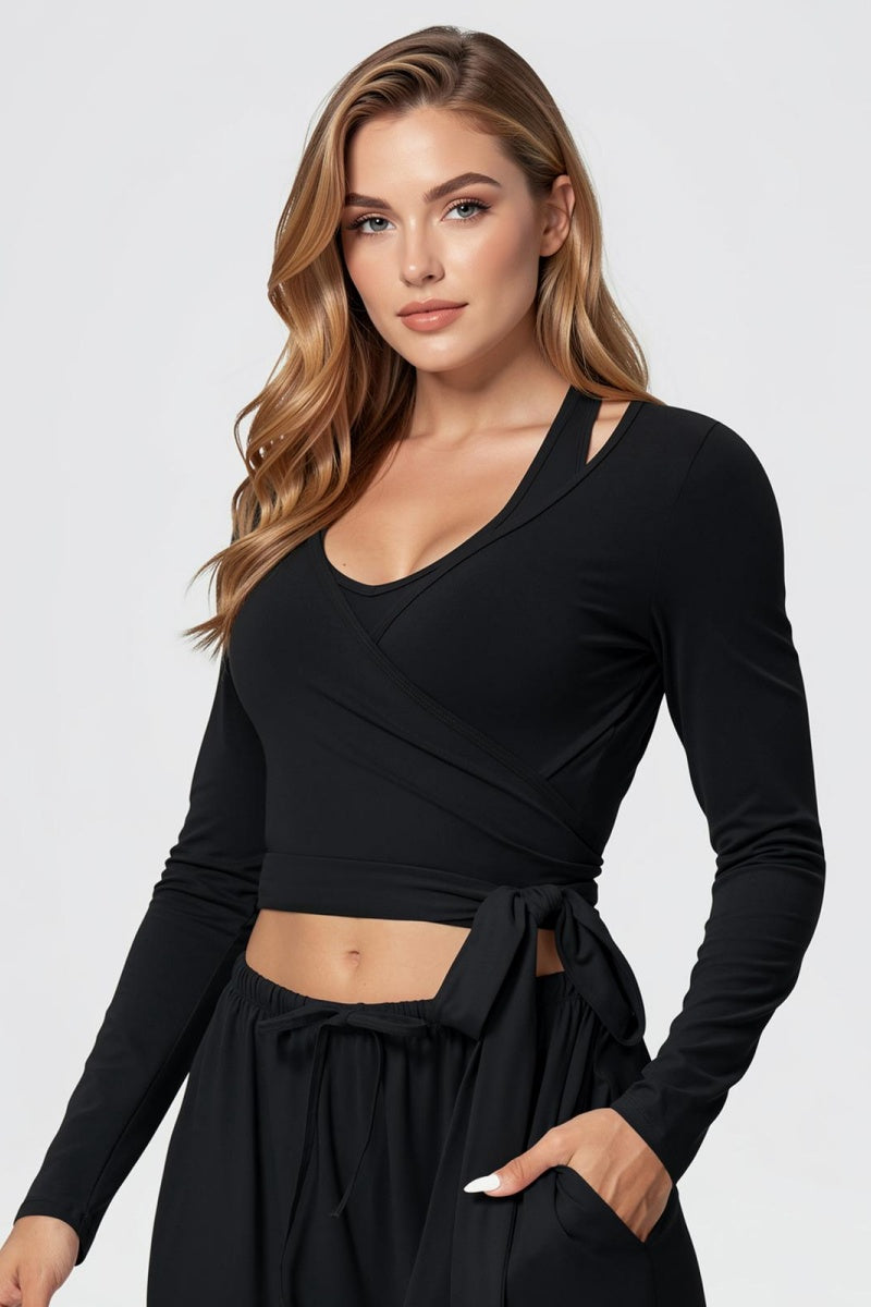 KATCH ME Womens Criss Cross Tie Up Long Sleeve Crop Top
