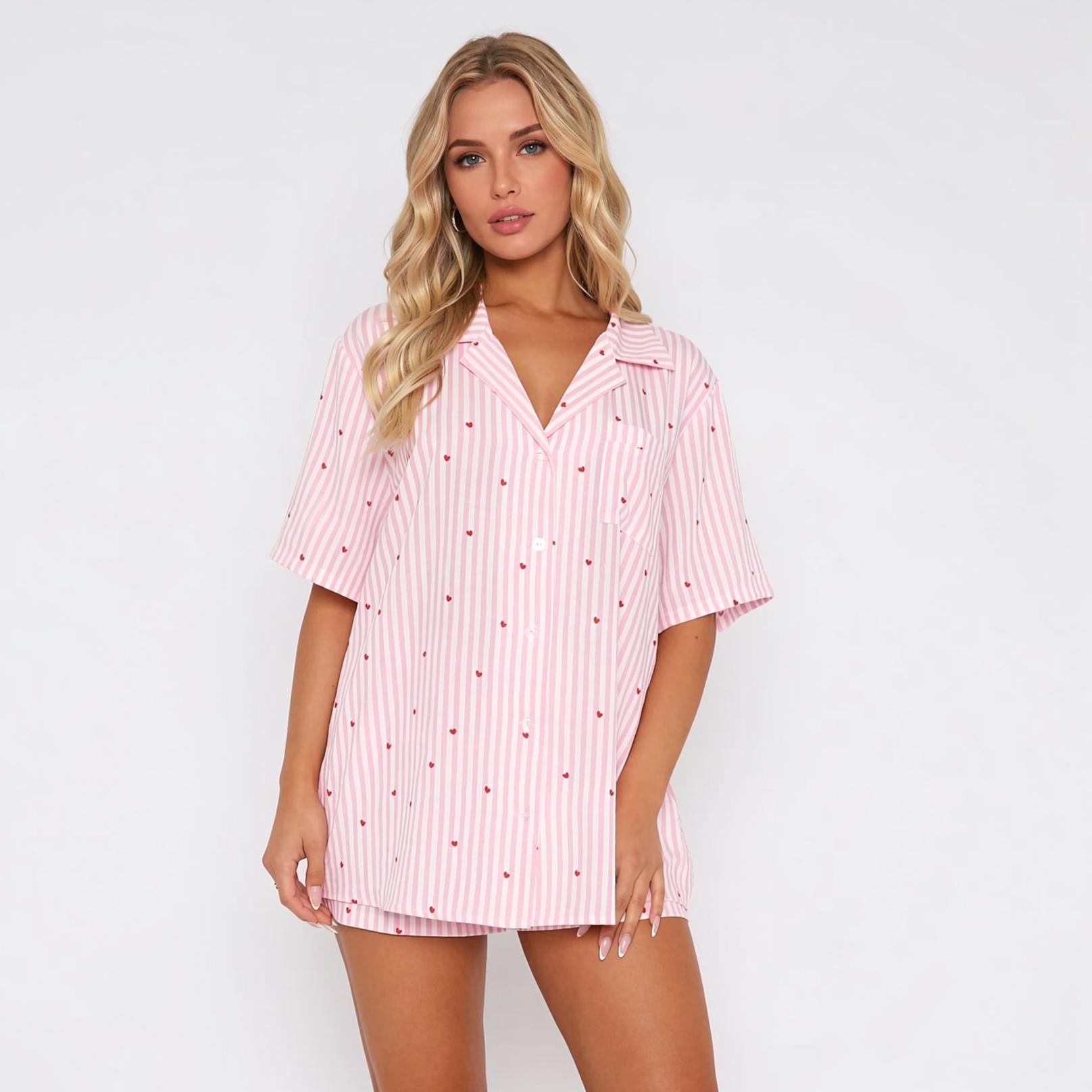 Katch Me Chic Women's Simple Style Stripe Heart Button Short Sleeve Shirt & Shorts Co-ord, Soft Loose PJ Lounge 2-Piece Set, Women's Daily Sleepwear Set