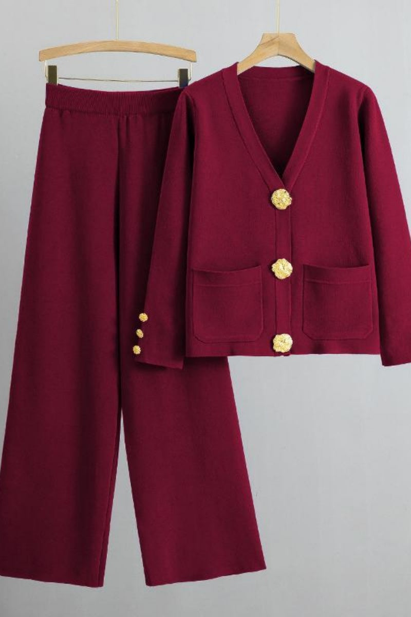 KATCH ME Womens Gold Button Cardigan Wide Leg Trousers Set