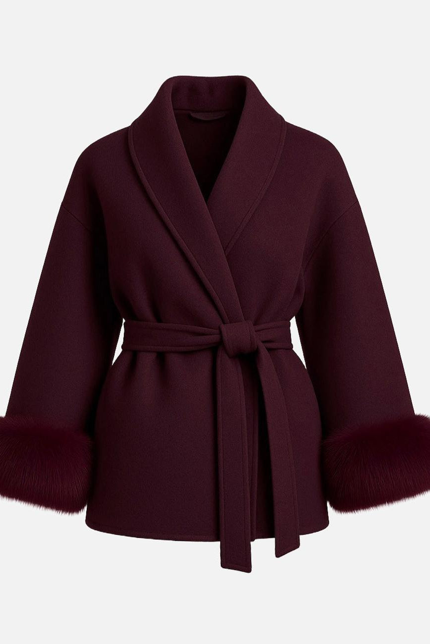 KATCH ME Womens Elegant Fuzzy Cuff Wrap Tie Thermal Long Coat