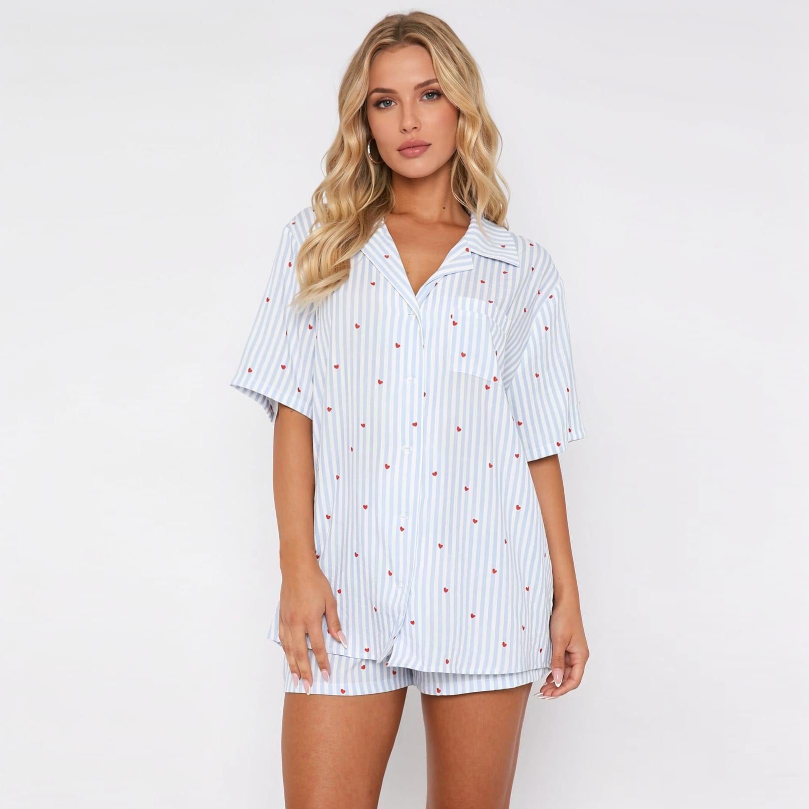 KATCH ME Women's Striped Heart Button Short Sleeve Shirt & Shorts Co-ord Set